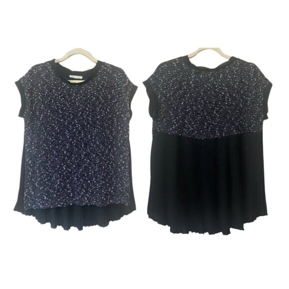 Two by Vince Camuto size S tweed mixed media layered look pleated blouse EUC - Picture 1 of 5